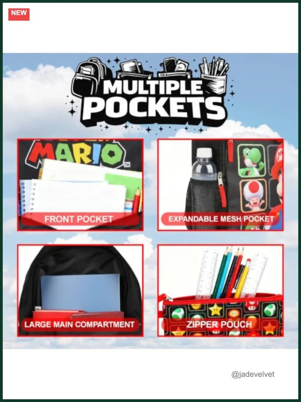 Super Mario Bros Character Grid Backpack 5-Piece Set Kids Lunch Bag Pencil Case